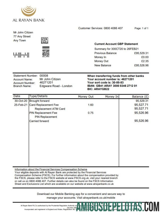 United Kingdom Al Rayan Bank Excel amostra